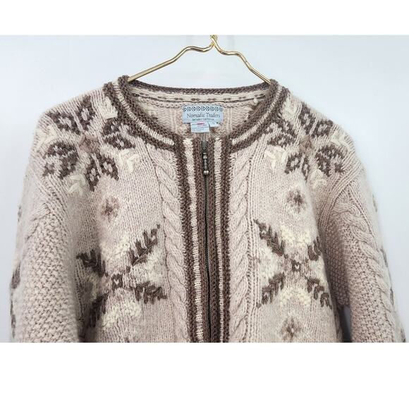 Nomadic Traders 100% Sheltland Wool Full Zip Sweater Small Snowflake Winter Tan - Picture 3 of 6
